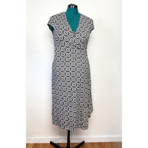 BCBGMAXAZRIA Women Wrap Dress Large Black White Geometric Print V-Neck Midi y2k